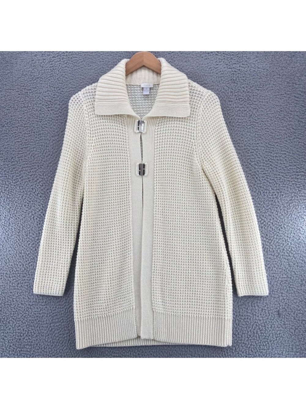 Chicos Sweater Womens 1 US Medium Ivory Wool Blend Cardigan Collared Chunky Knit